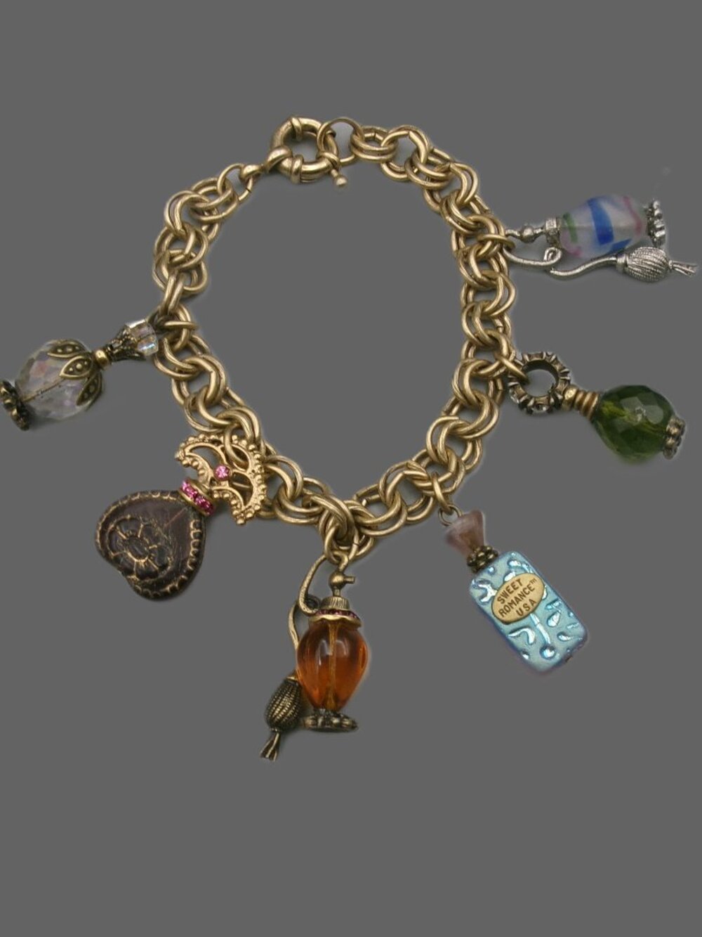 Sweet Romance Perfume Bottle Charm Bracelet, 6 Charms, Antiqued Bronze Rolo Chai